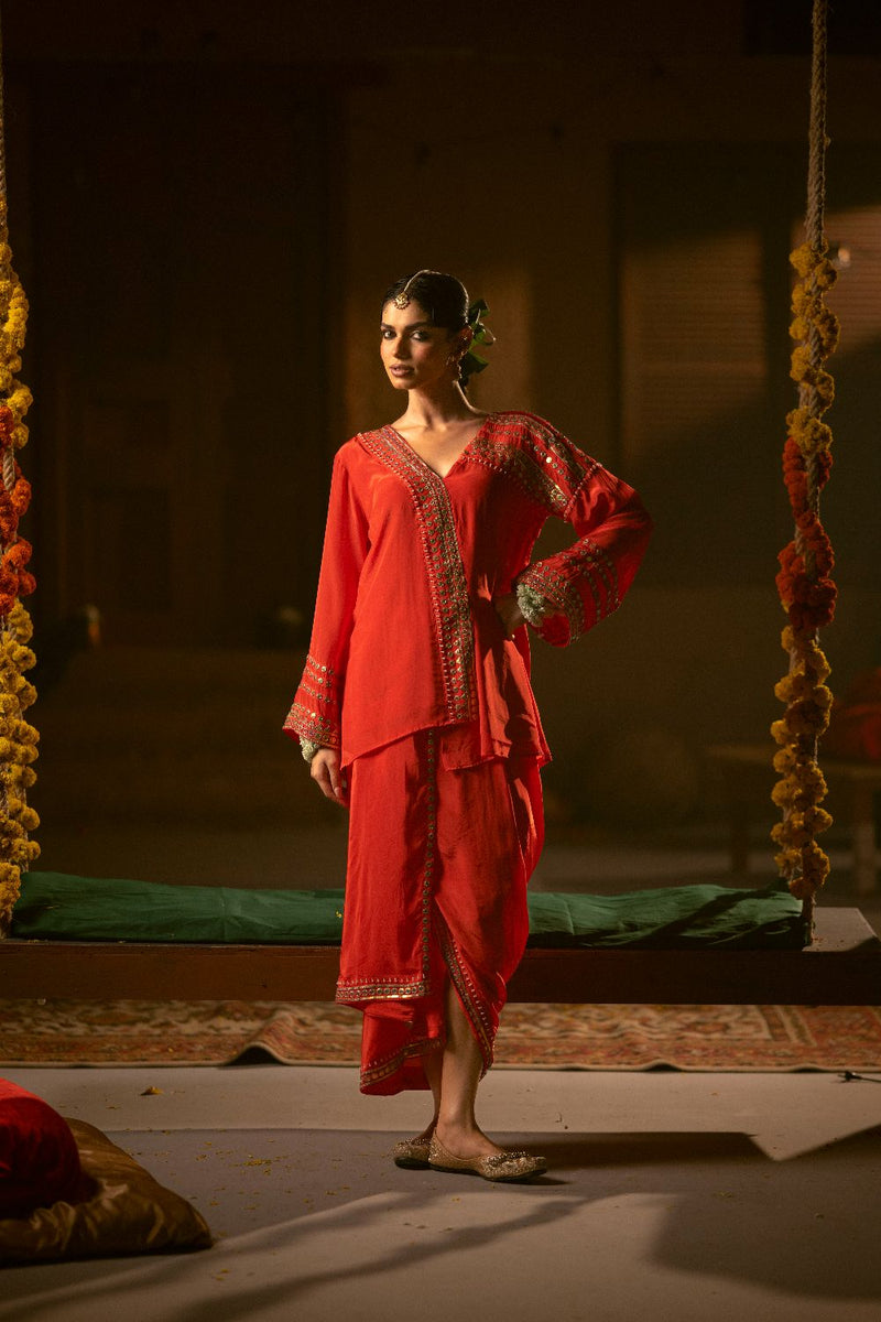 Ramani Tunic Jacket with Pleated Skirt- Red