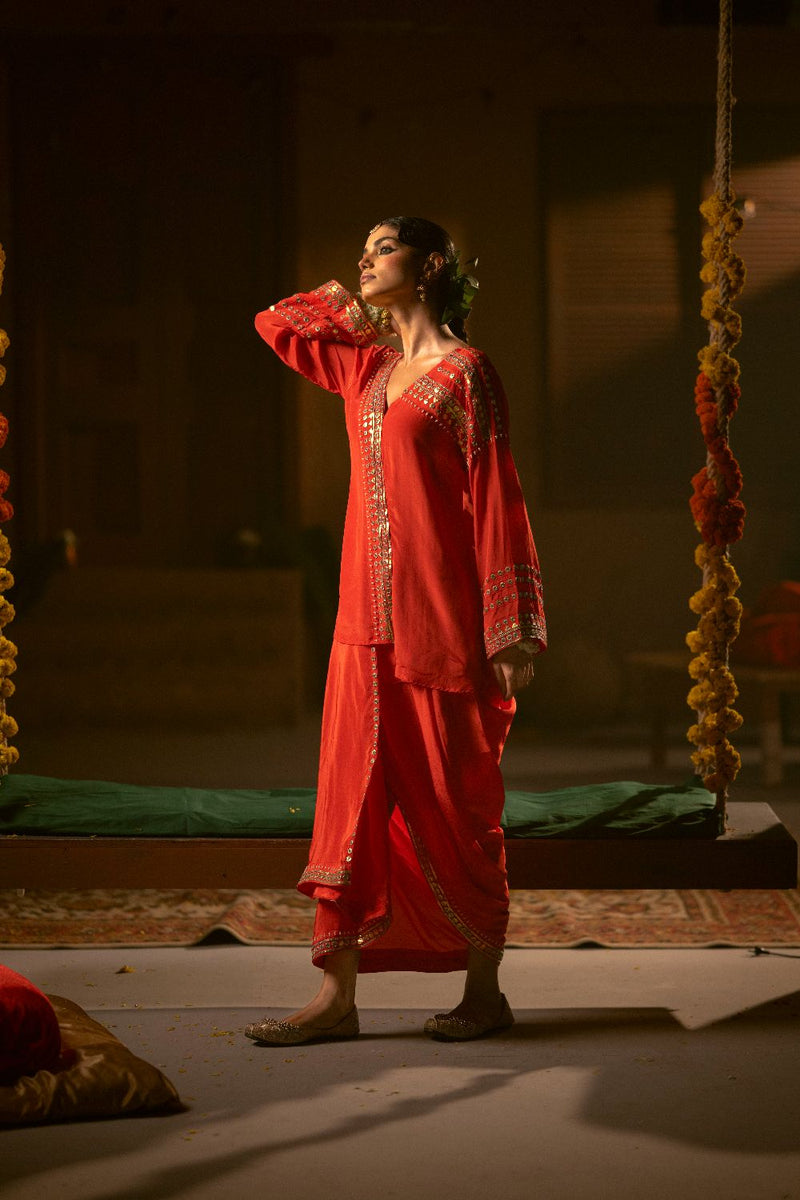 Ramani Tunic Jacket with Pleated Skirt- Red