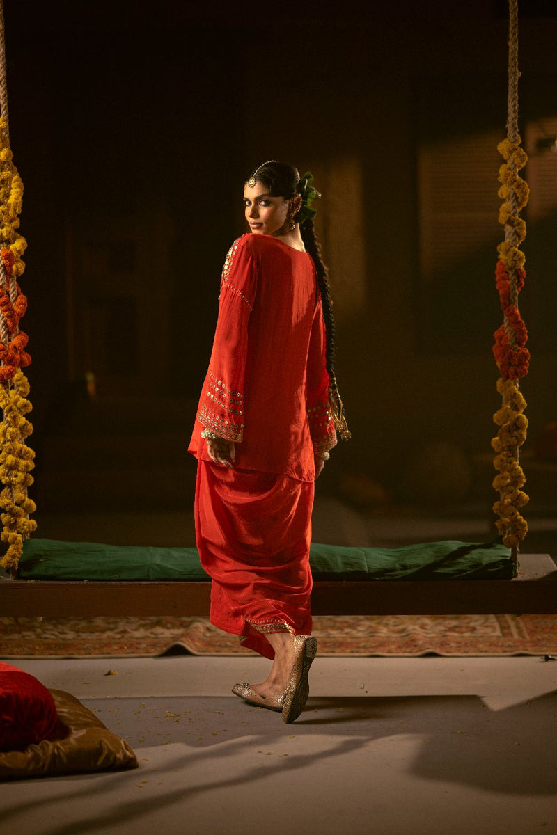 Ramani Tunic Jacket with Pleated Skirt- Red