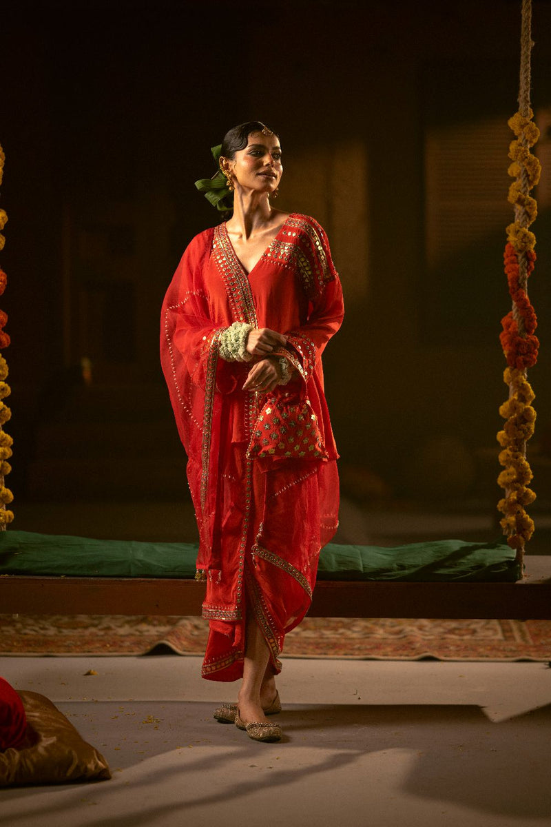Ramani Tunic Jacket with Pleated Skirt & Dupatta- Red