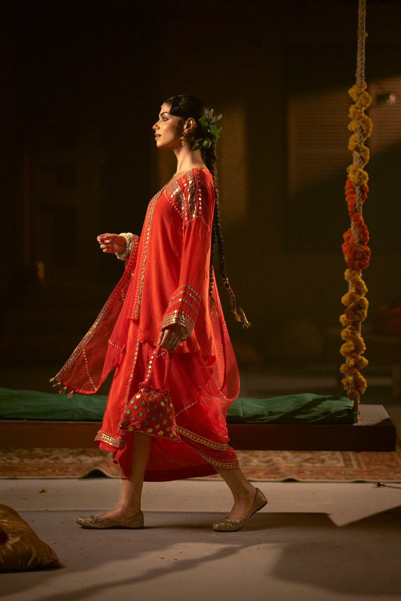 Ramani Tunic Jacket with Pleated Skirt & Dupatta- Red