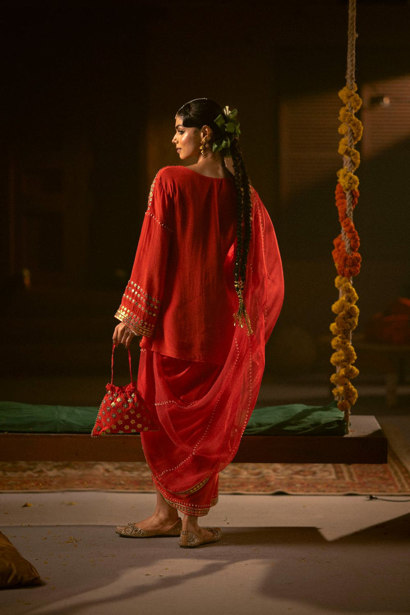 Ramani Tunic Jacket with Pleated Skirt & Dupatta- Red
