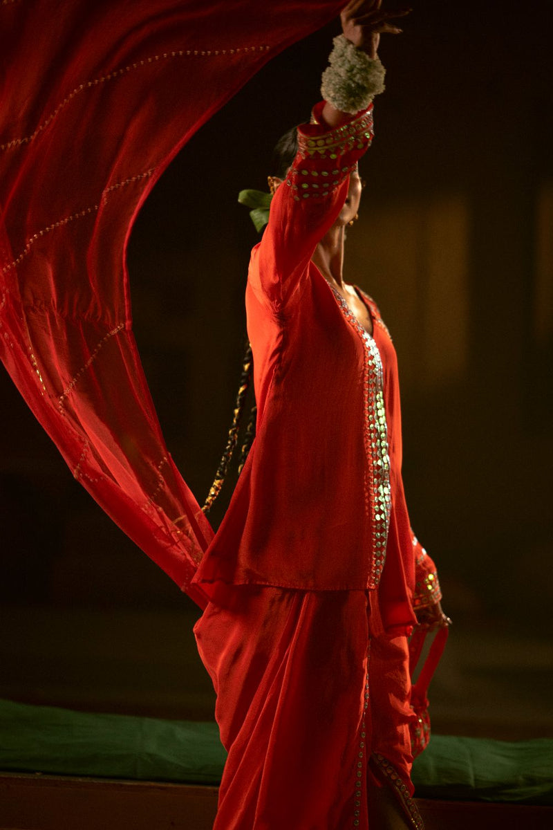 Ramani Tunic Jacket with Pleated Skirt & Dupatta- Red