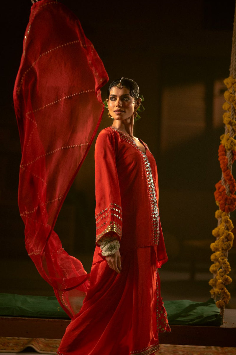 Ramani Tunic Jacket with Pleated Skirt & Dupatta- Red