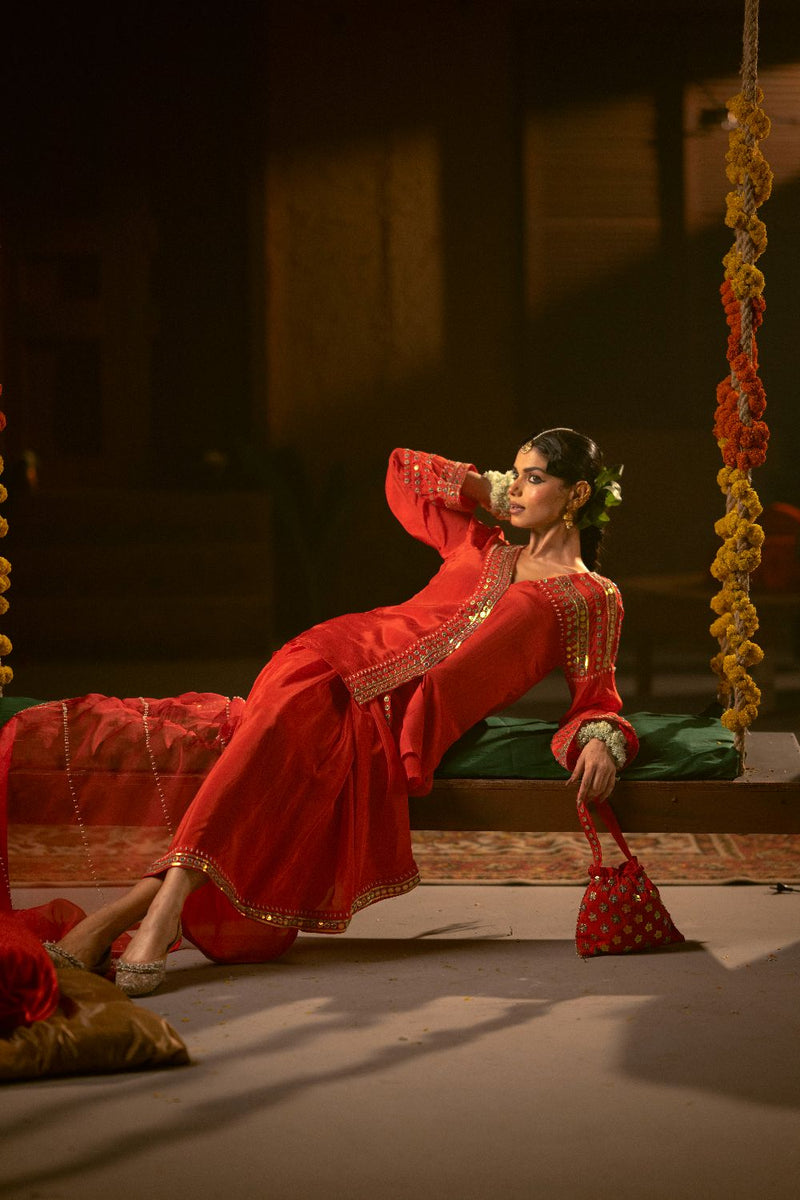 Ramani Tunic Jacket with Pleated Skirt & Dupatta- Red