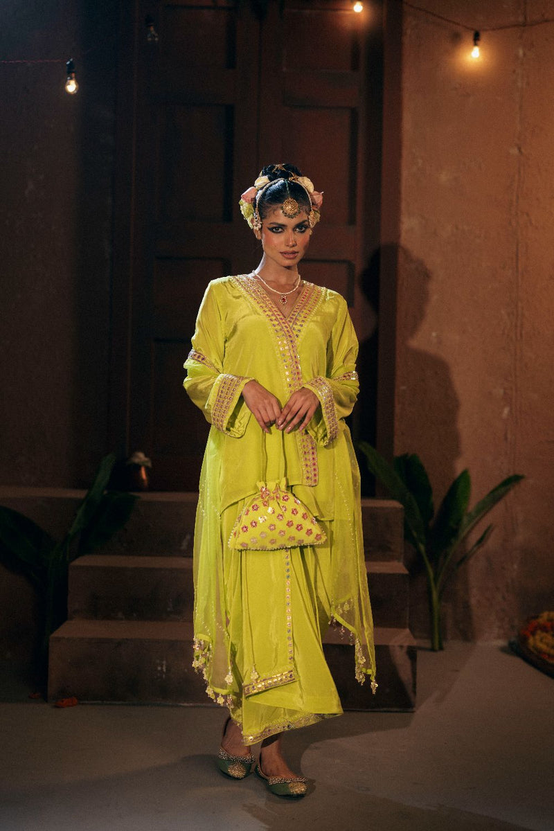 Veere Tunic Jacket with Pleated Skirt and Dupatta- Sublime Neon