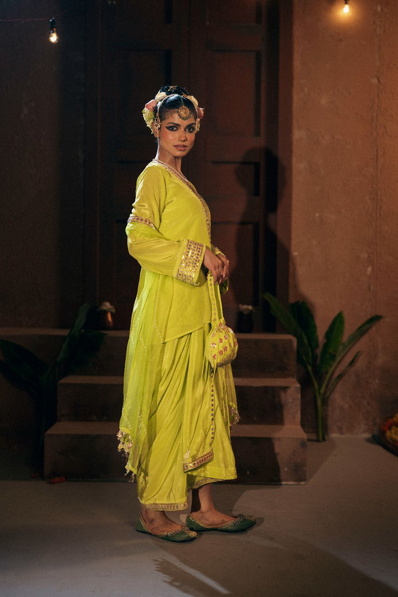 Veere Tunic Jacket with Pleated Skirt and Dupatta- Sublime Neon