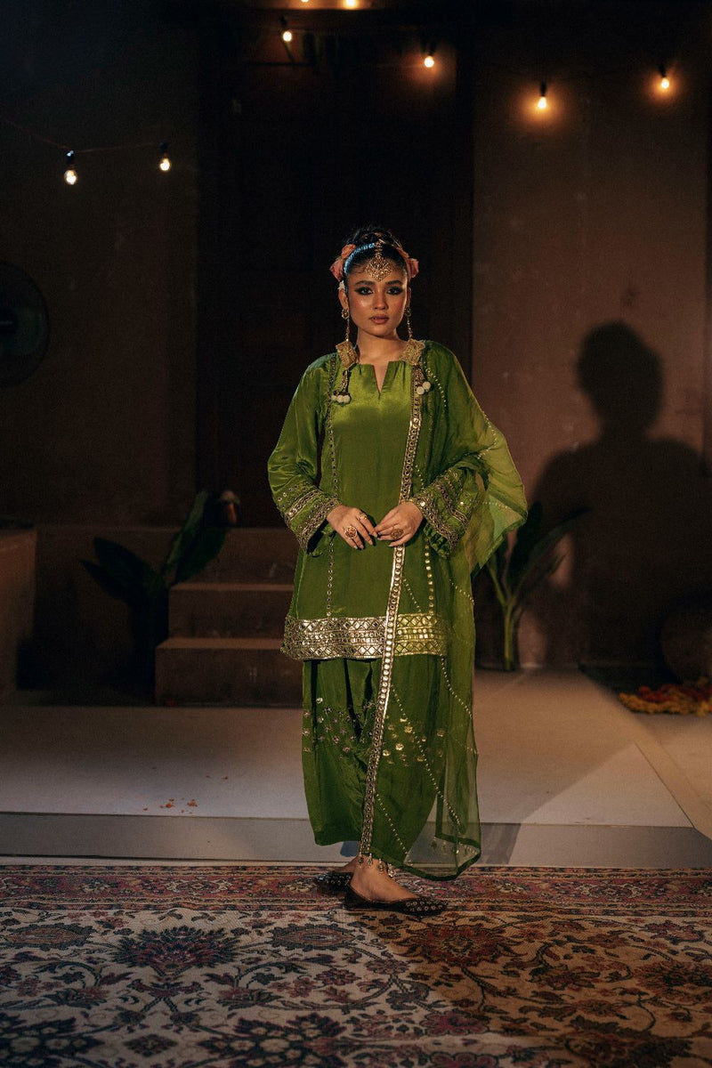 Sunira Phool Salwar Kameez Dupatta Set- Mehendi