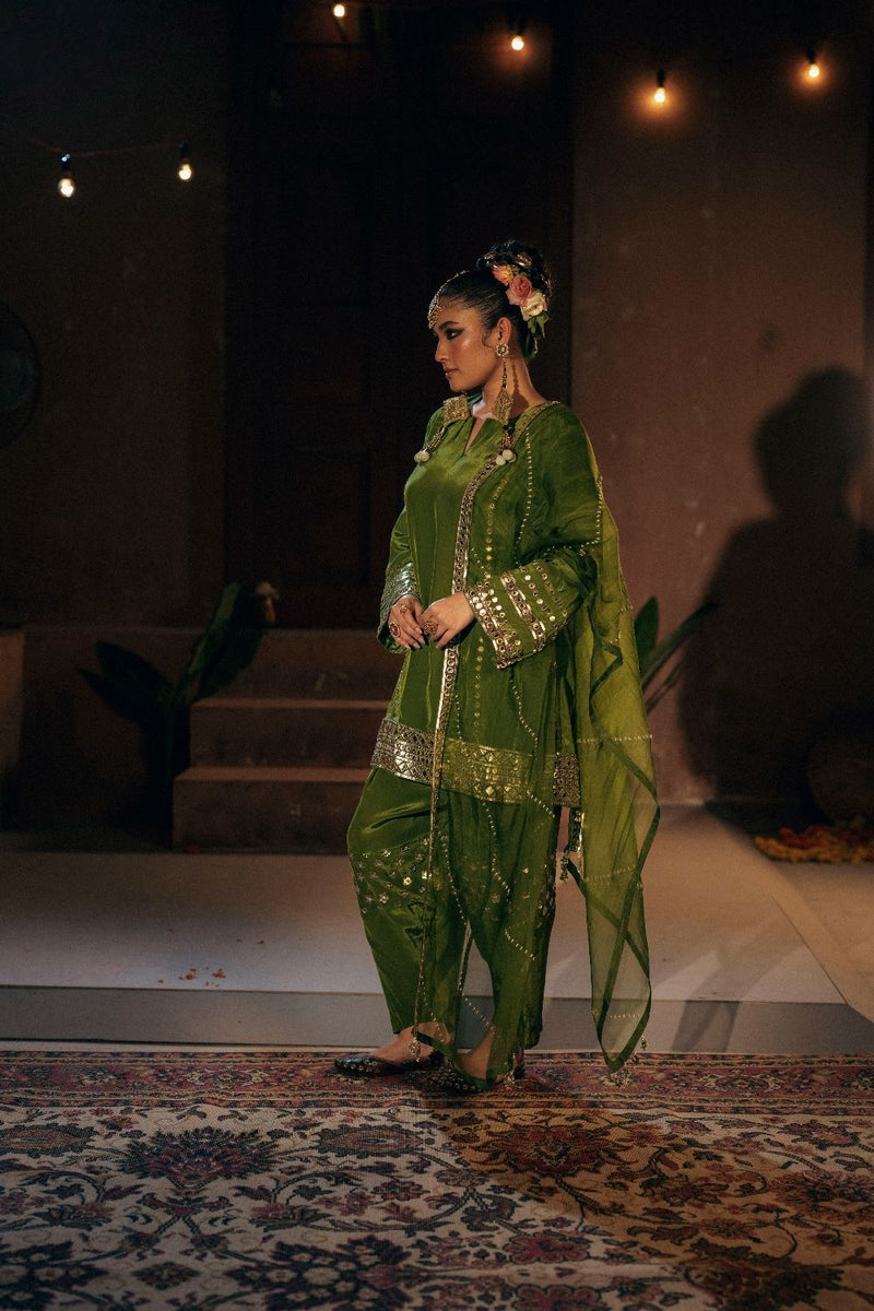 Sunira Phool Salwar Kameez Dupatta Set- Mehendi