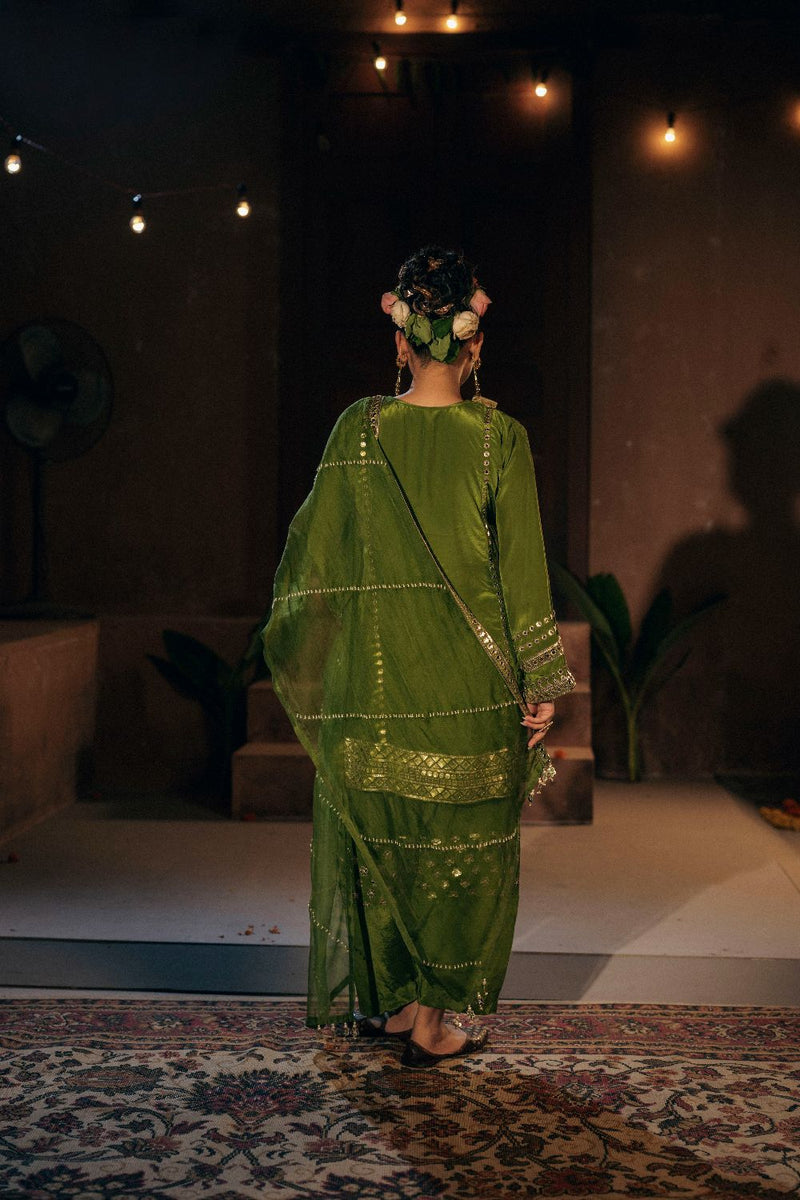 Sunira Phool Salwar Kameez Dupatta Set- Mehendi