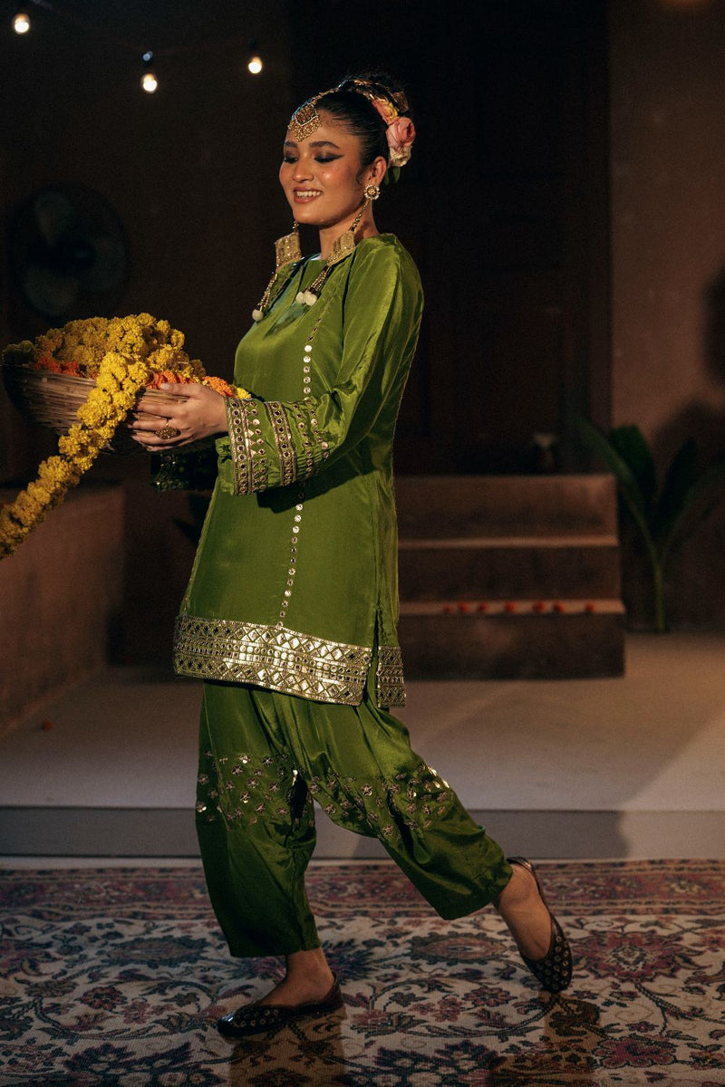 Sunira Phool Salwar Kameez Dupatta Set- Mehendi