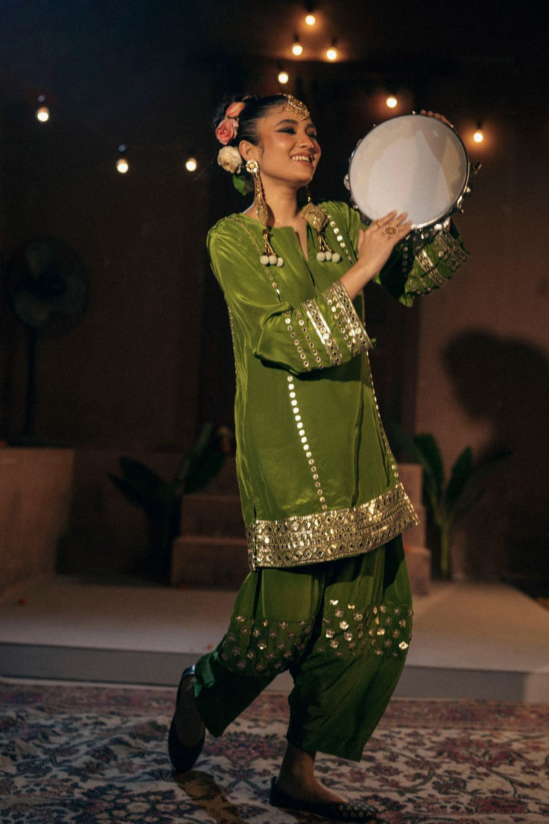 Sunira Phool Salwar Kameez Dupatta Set- Mehendi