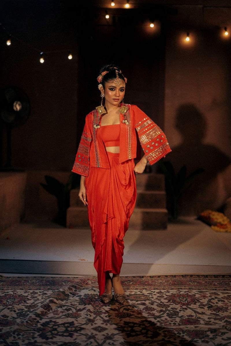 Ramani Crop Jacket Cape Set- Red