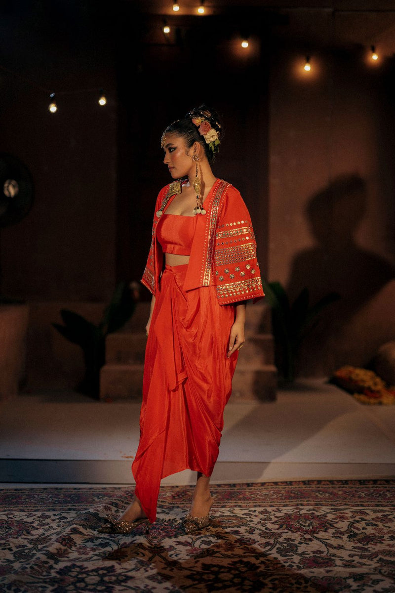 Ramani Crop Jacket Cape Set- Red