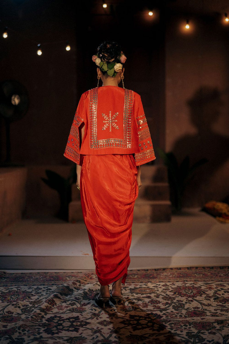 Ramani Crop Jacket Cape Set- Red