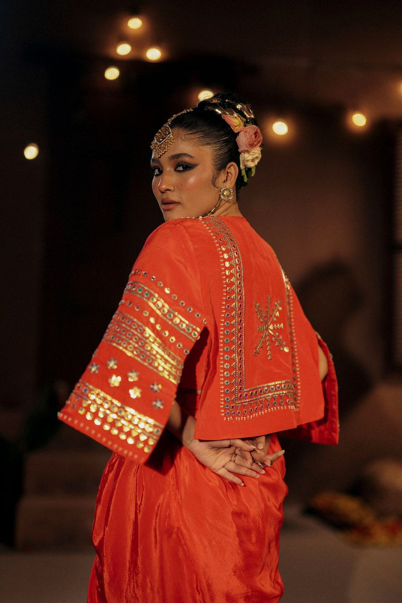 Ramani Crop Jacket Cape Set- Red