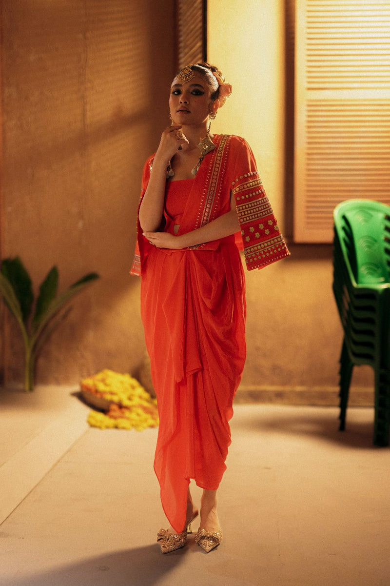 Ramani Crop Jacket Cape Set- Red