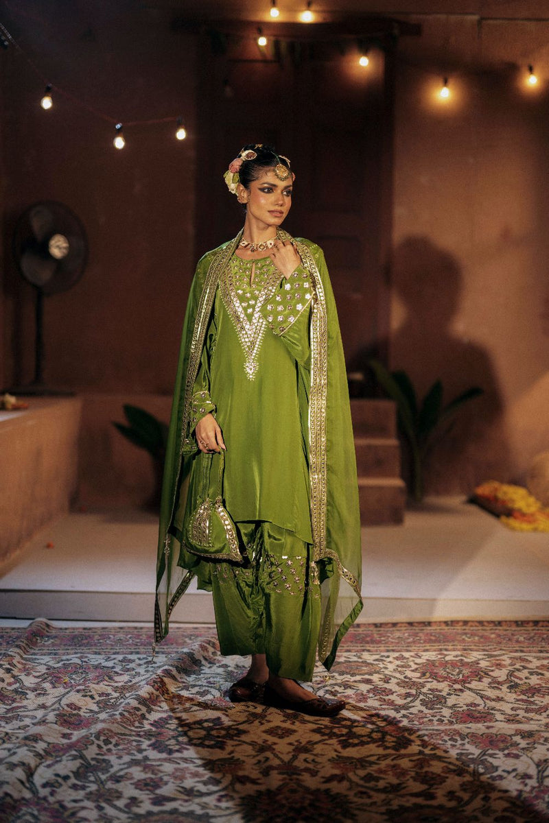 Sunira Asymmetrical Phool Choga Salwar & Dupatta Set- Mehendi