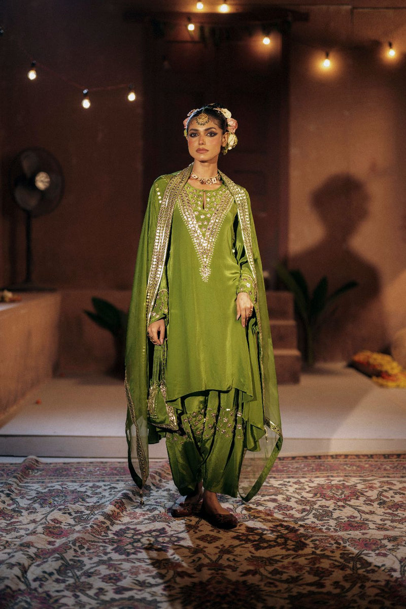 Sunira Asymmetrical Phool Choga Salwar & Dupatta Set- Mehendi