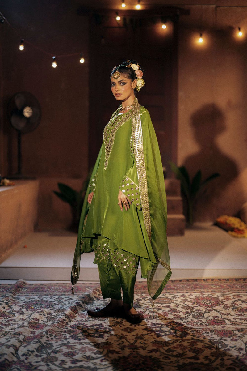 Sunira Asymmetrical Phool Choga Salwar & Dupatta Set- Mehendi