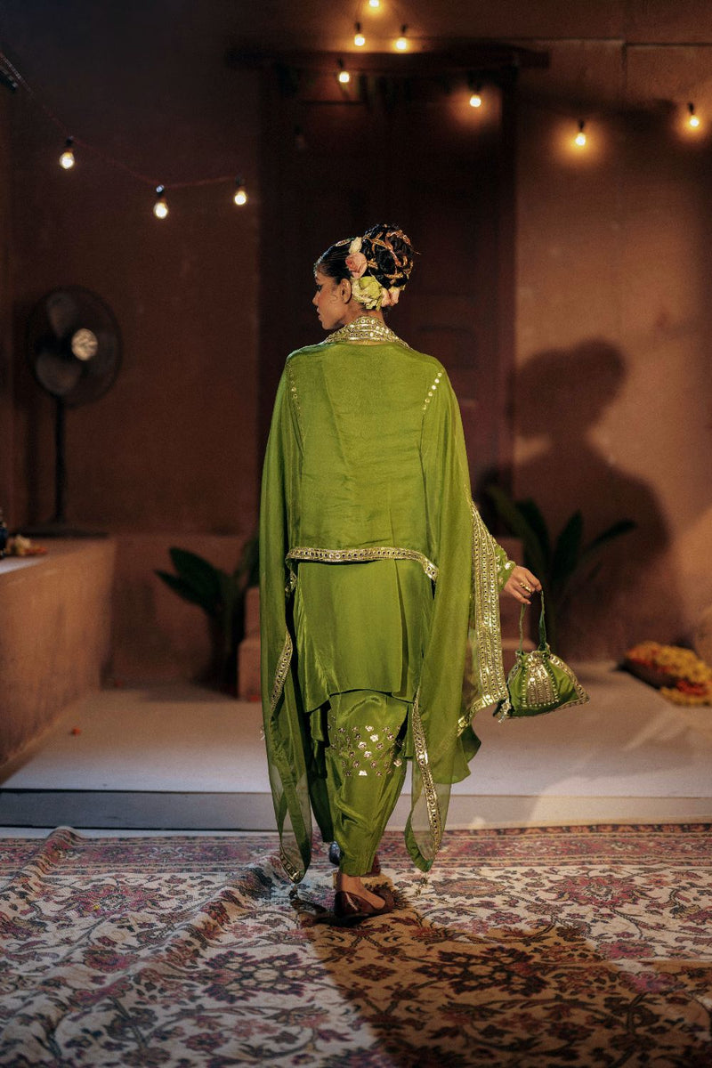 Sunira Asymmetrical Phool Choga Salwar & Dupatta Set- Mehendi