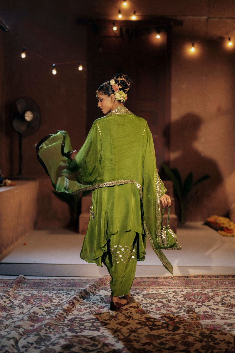 Sunira Asymmetrical Phool Choga Salwar & Dupatta Set- Mehendi