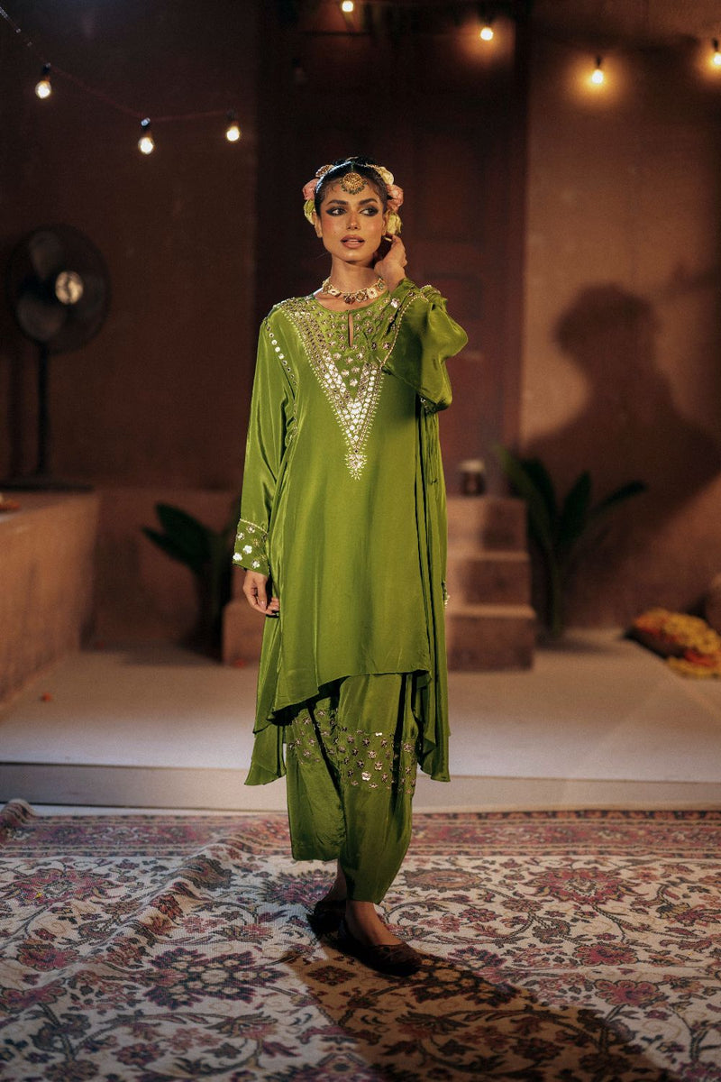 Sunira Asymmetrical Phool Choga Salwar & Dupatta Set- Mehendi