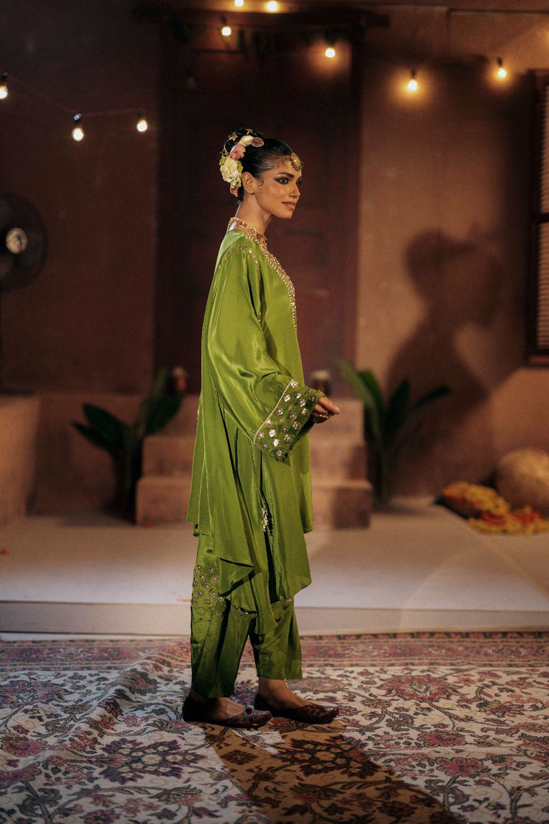 Sunira Asymmetrical Phool Choga Salwar & Dupatta Set- Mehendi