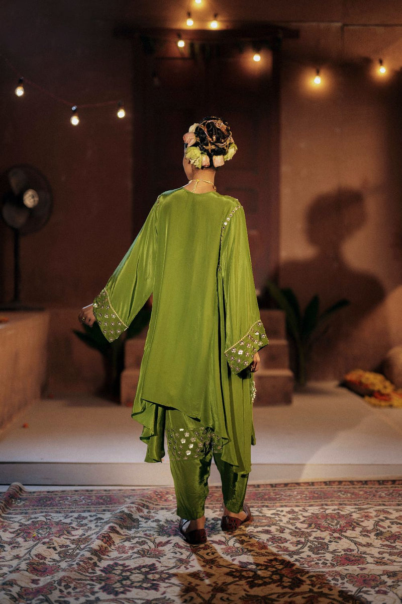 Sunira Asymmetrical Phool Choga Salwar & Dupatta Set- Mehendi