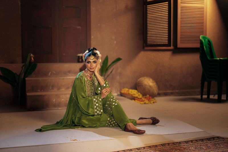 Sunira Asymmetrical Phool Choga Salwar & Dupatta Set- Mehendi