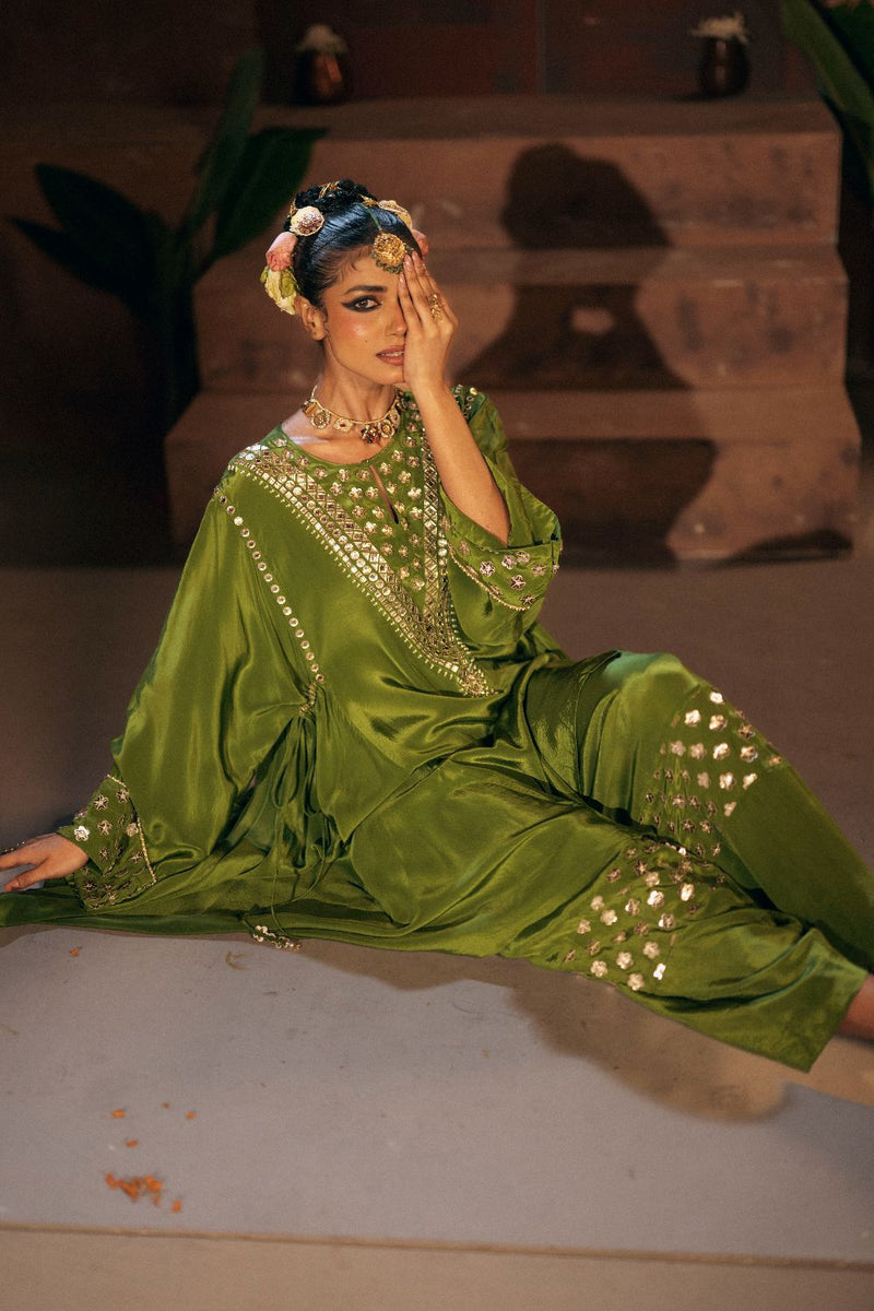 Sunira Asymmetrical Phool Choga Salwar & Dupatta Set- Mehendi