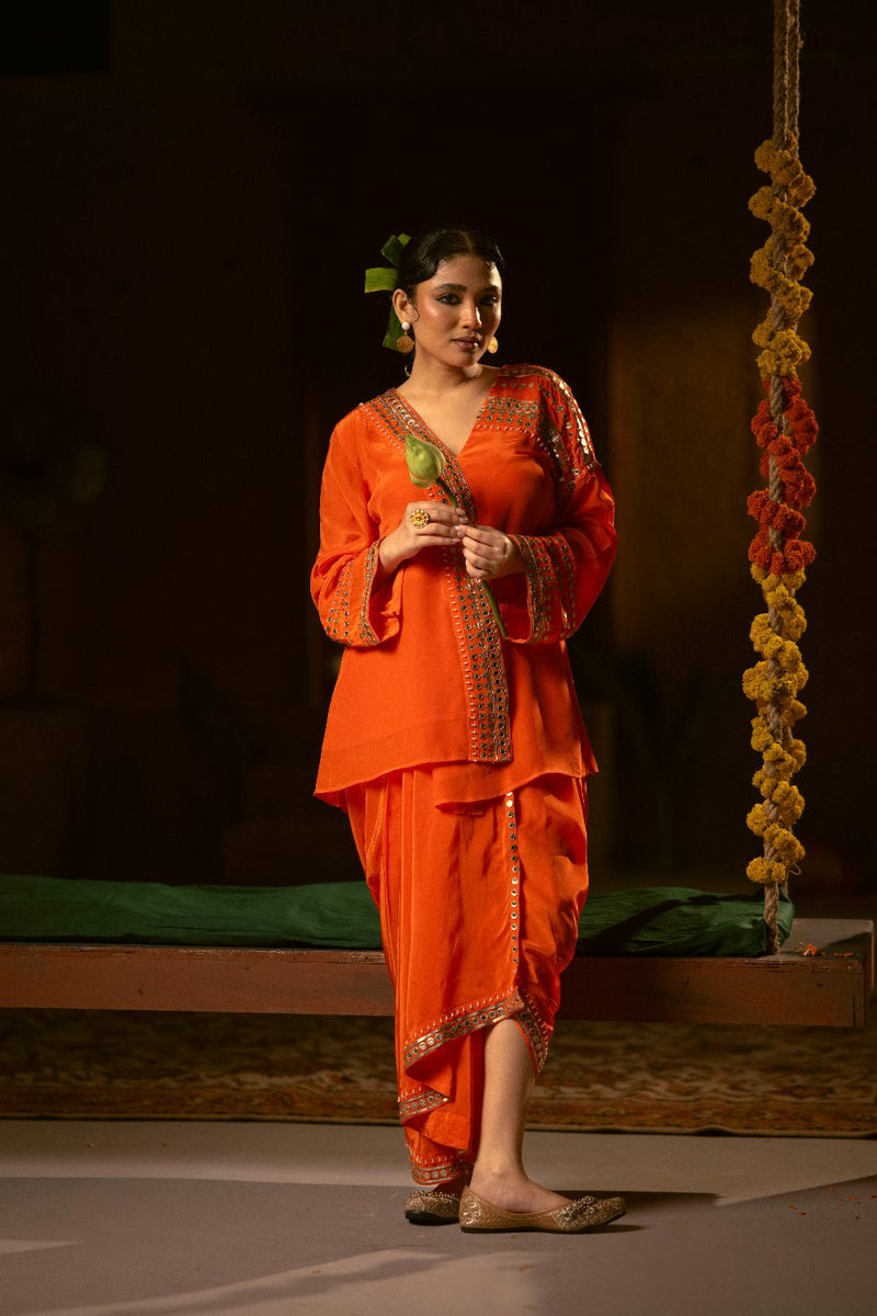 Mangala Tunic Jacket with pleated skirt- Orange