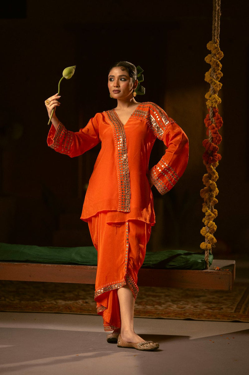 Mangala Tunic Jacket with pleated skirt- Orange