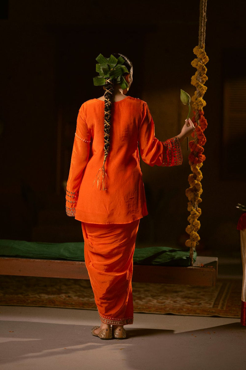 Mangala Tunic Jacket with pleated skirt- Orange