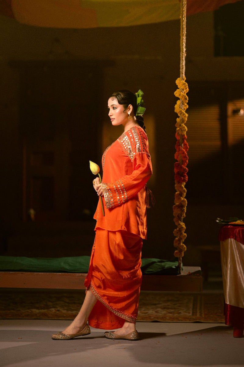 Mangala Tunic Jacket with pleated skirt- Orange