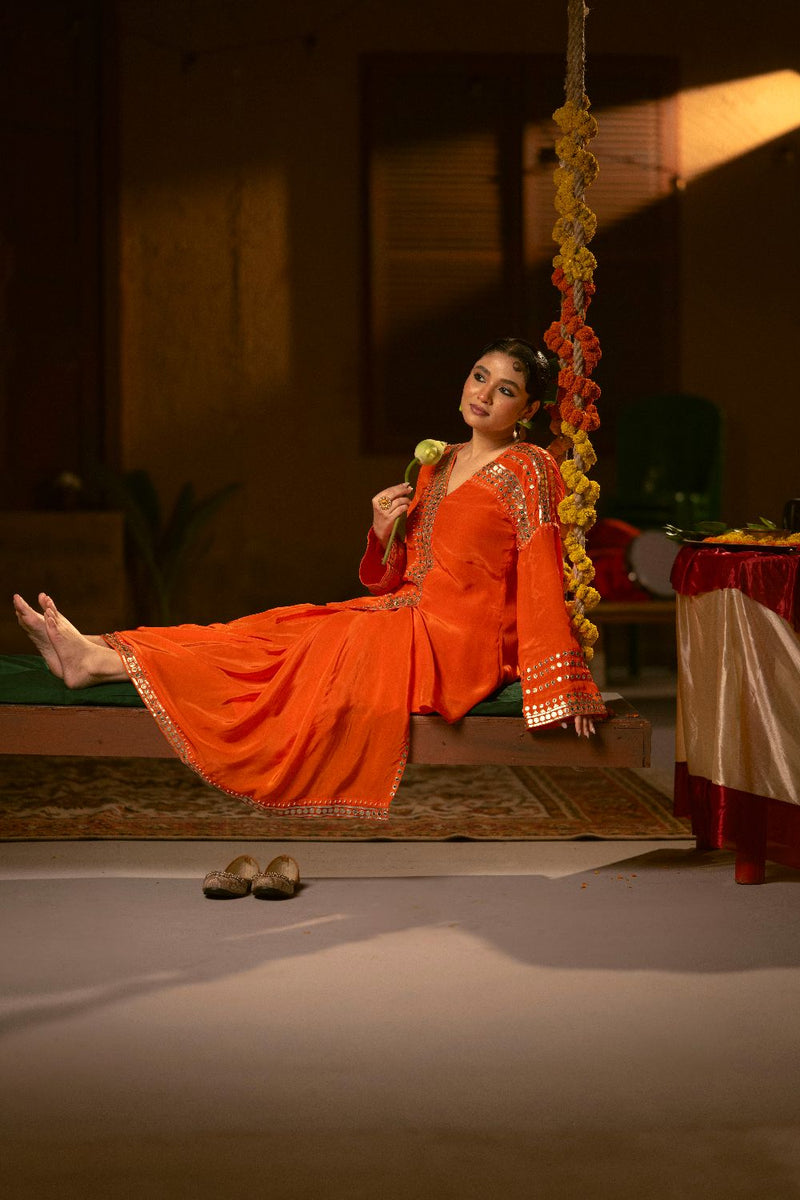 Mangala Tunic Jacket with pleated skirt- Orange