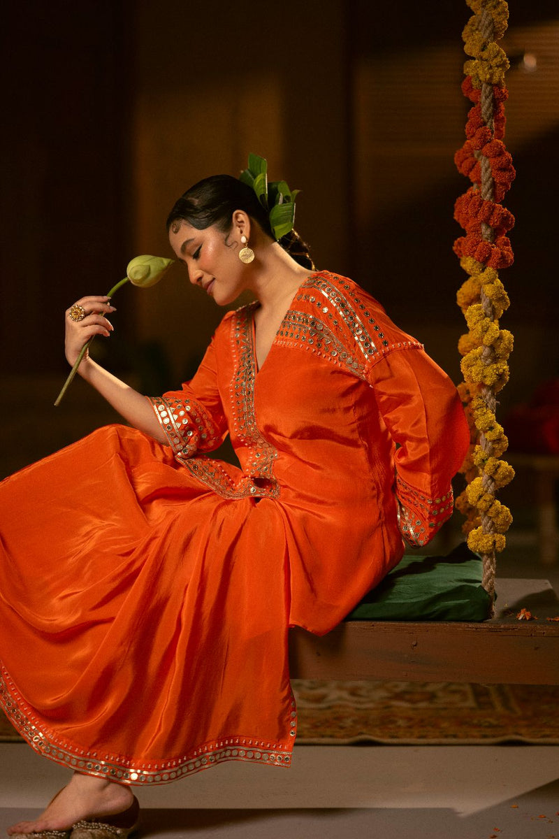 Mangala Tunic Jacket with pleated skirt- Orange