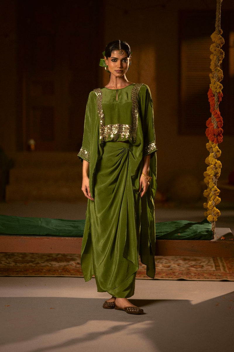 Sunira Nexa Red Hi Low Top & Wrap Skirt Set- Mehendi