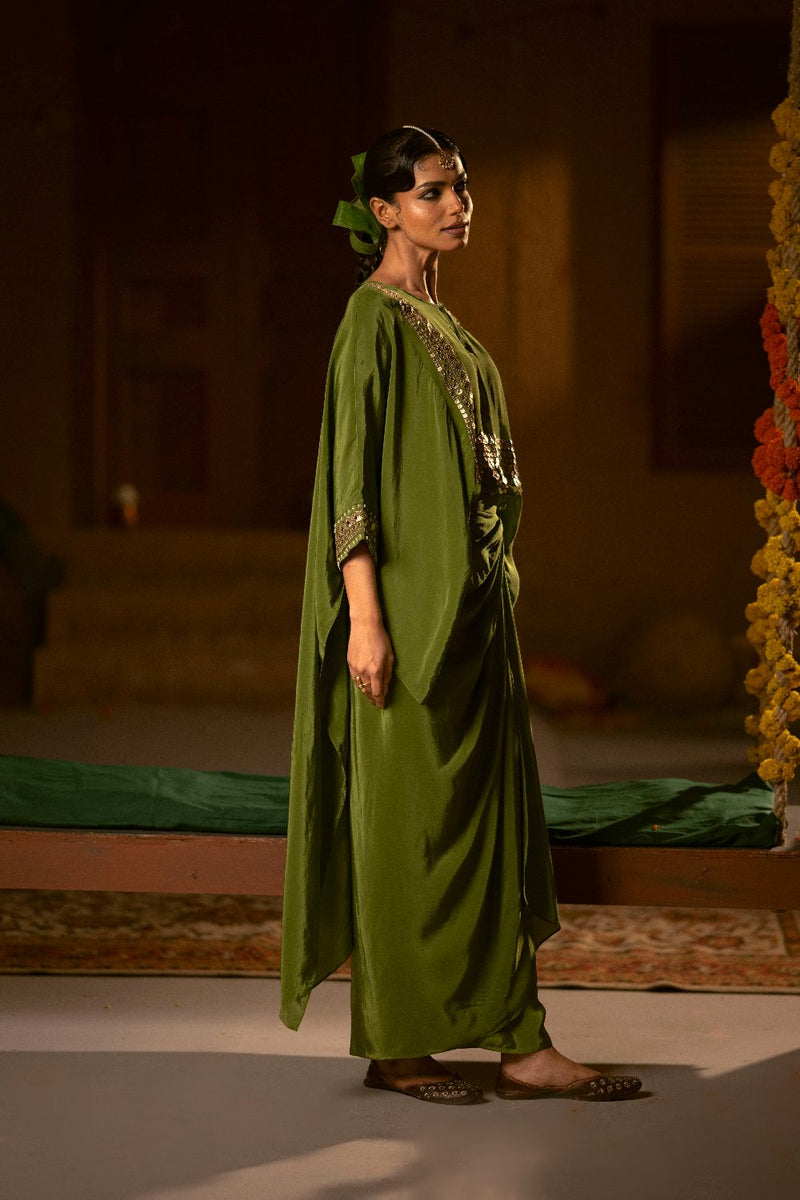 Sunira Nexa Red Hi Low Top & Wrap Skirt Set- Mehendi