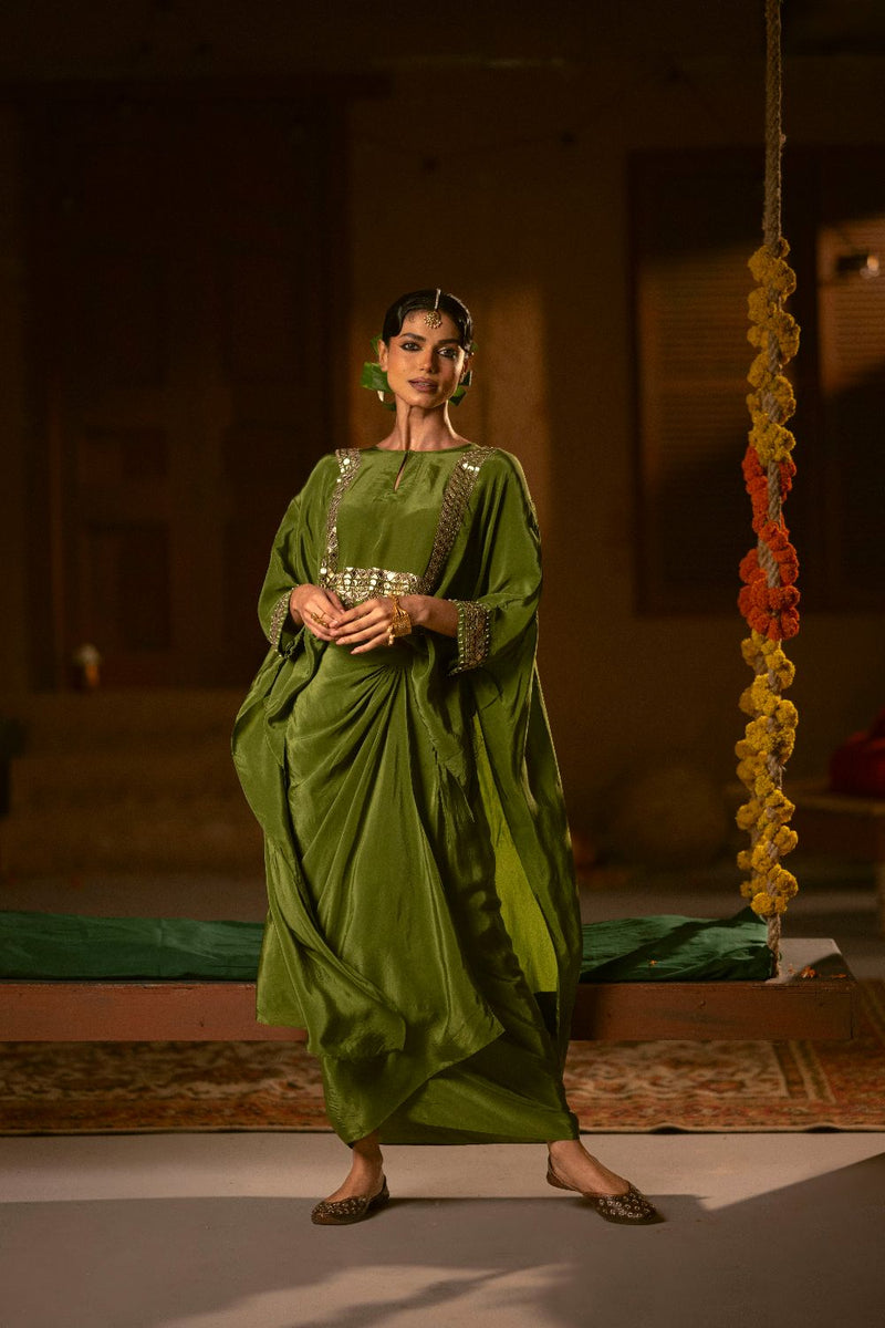 Sunira Nexa Red Hi Low Top & Wrap Skirt Set- Mehendi