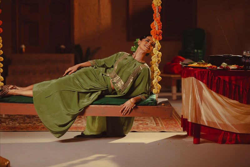 Sunira Nexa Red Hi Low Top & Wrap Skirt Set- Mehendi