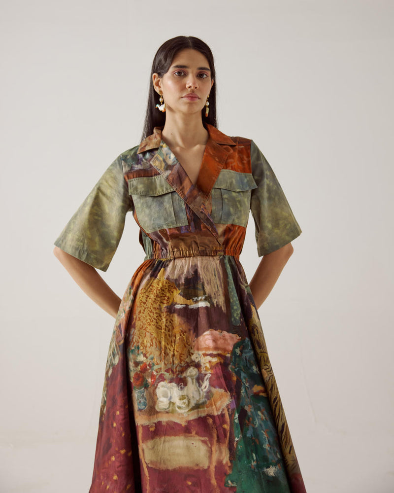 Print Blocked Dress-High Tea cotton by CORD in multi for women in Singapore