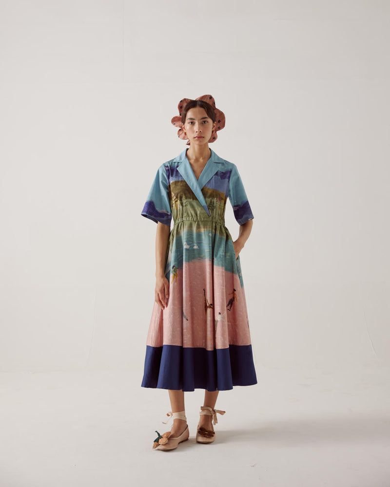 Print Blocked Dress-Skater cotton by CORD in multi for women in Singapore