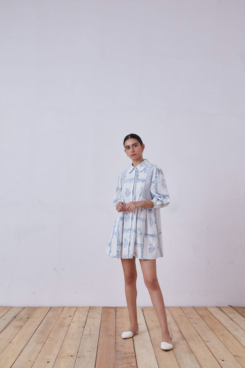 Puro Blue Hand Printed Dress cotton cambric dress by The Summer House for women in Singapore