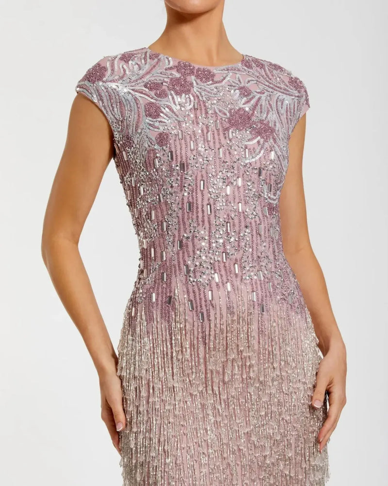 Purple Embellished Cap Sleeve Gown With Fringe Beading by Mac Duggal for women in Singapore