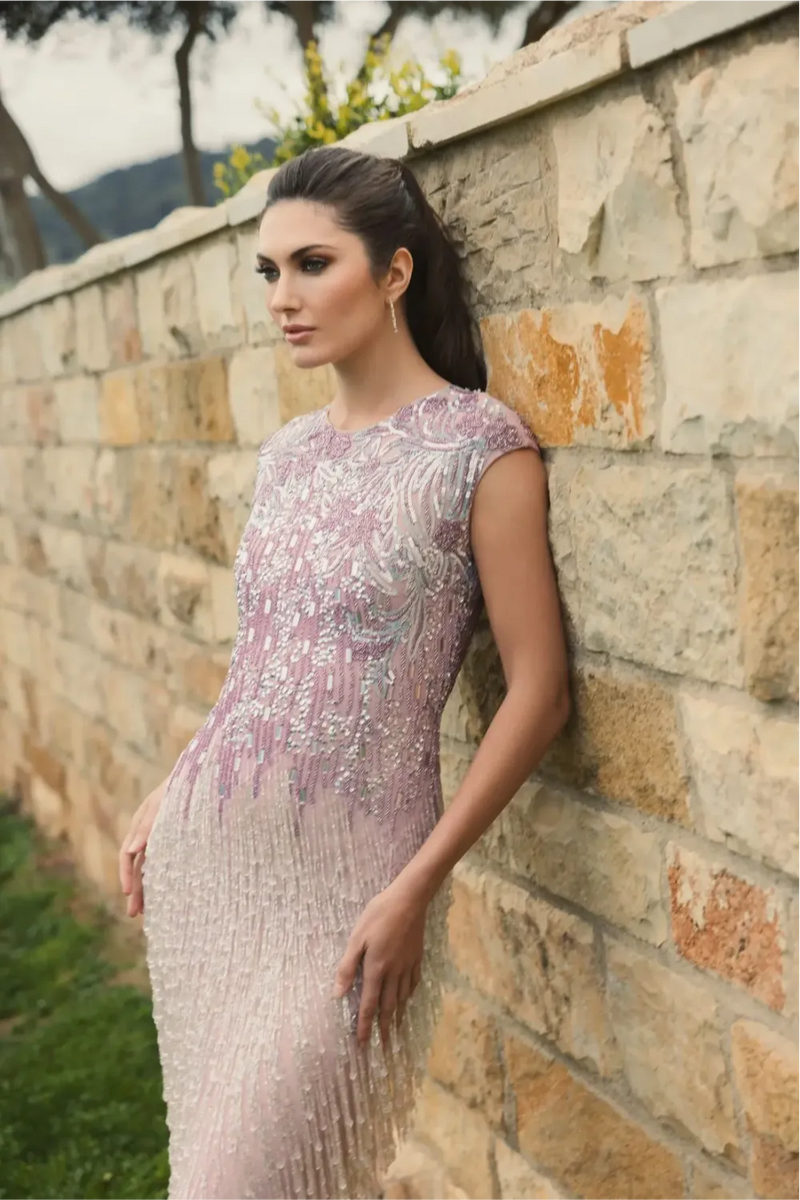 Purple Embellished Cap Sleeve Gown With Fringe Beading by Mac Duggal for women in Singapore