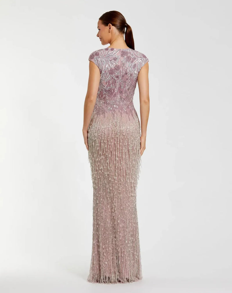 Purple Embellished Cap Sleeve Gown With Fringe Beading by Mac Duggal for women in Singapore