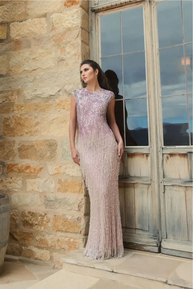 Purple Embellished Cap Sleeve Gown With Fringe Beading by Mac Duggal for women in Singapore