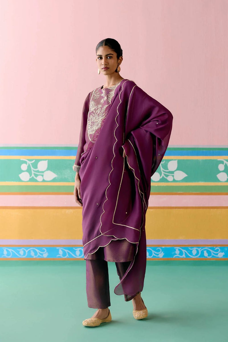 Purple Embroidered Kurta Set tissue Buy Purple Embroidered Kurta Set from C&W | Light Kurta Sets for Women by Label Mogra in purple color for women in Singapore