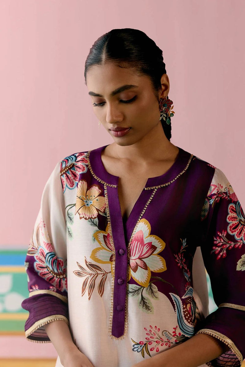 Purple Floral V-neck Kurta Set chanderi Buy Purple Floral V-neck Kurta Set from C&W | Light Kurta Sets for Women by Label Mogra in purple color for women in Singapore